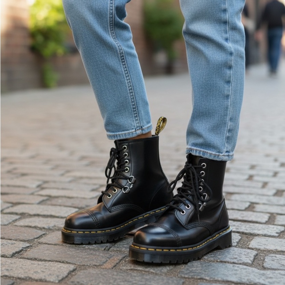 Dr. Martens 1460 Hardward Smooth Leather Black Boots with Hardware Detail. NWOB
